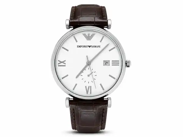 Montre Emporio Armani Classique Cuir Marron & Cadran Blanc Homme
